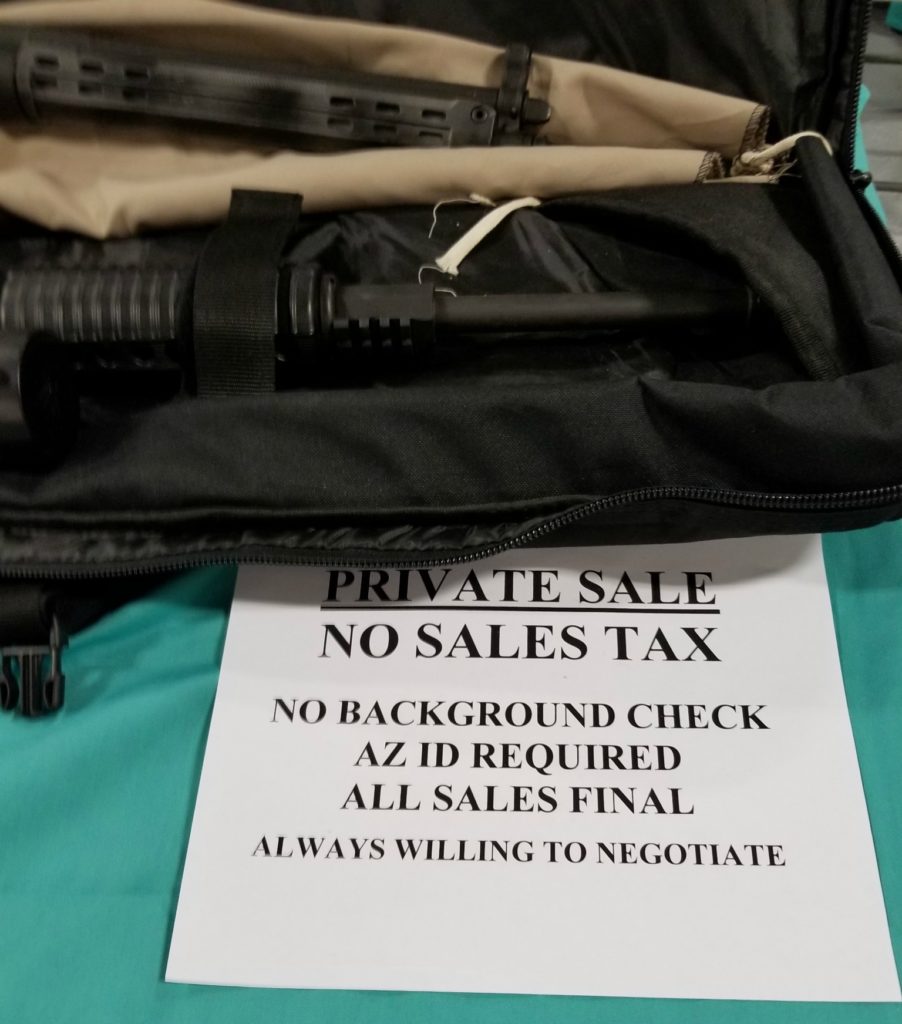 Like an arms bazaar in Syria, there’s no tax and no background check for guns bought at the gun show.