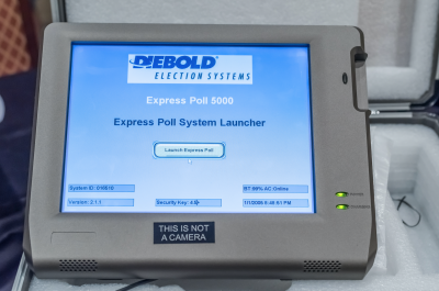 Above: a hacked voting machine is on display at the DEF CON 25 Hacking Conference held at Caesar's Palace July 27 - 30, showing a splash screen after being booted up by a hacker.