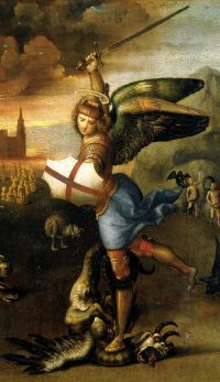Archangel Michael cast Satan out of heaven. In art, Saint Michael is depicted with a sword, a banner, or scales, and is often shown vanquishing Satan in the form of a dragon.