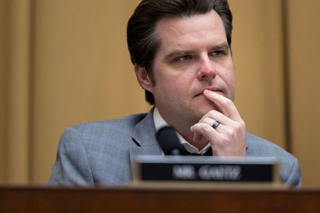 FILE PHOTO: U.S. Rep. Matt Gaetz (R-FL) listens to a testimony from a witness during a U.S. House Judiciary Select Subcommittee on the Weaponization of the Federal Government hearing, on Capitol Hill in Washington, U.S., February 9, 2023. REUTERS/Tom Brenner