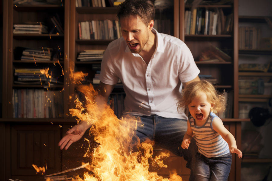 Helpless Daddy and kid watch in horror as books are burned