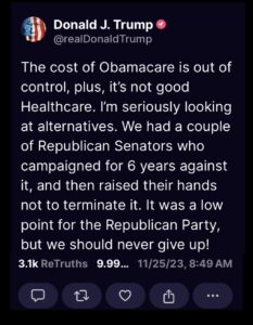 DJT on Truth Social signals intent to kill ACA