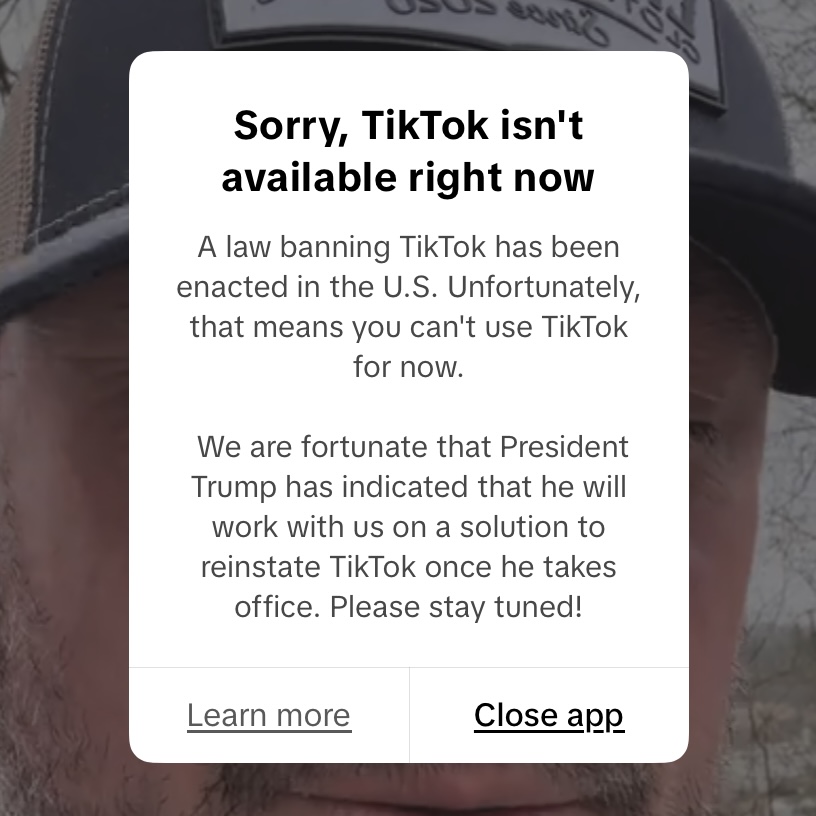 Sorry, TikTok isn’t available right now. Message seen by US users upon logging into the TikTok app.
