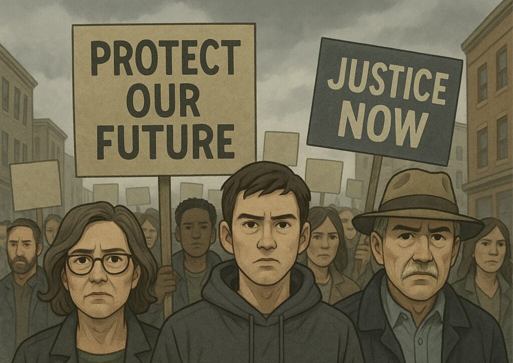 Serious protestors at a demonstration